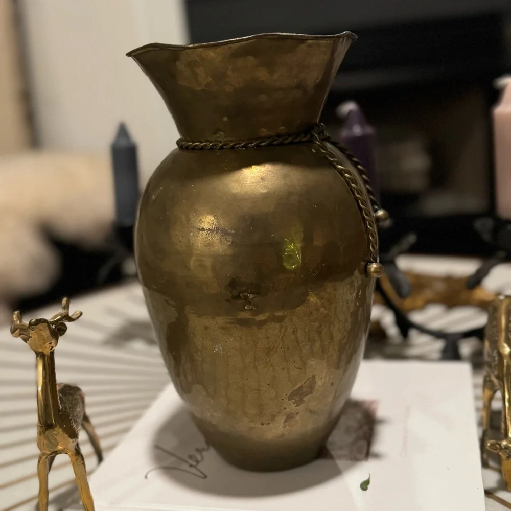 Vintage Large Hammered Brass Vase Ruffled Rim Brass Tassels 11”